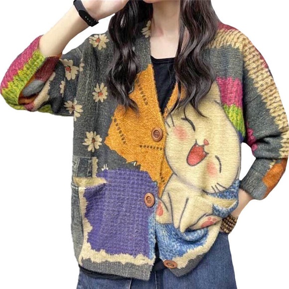 Harajuku Style‎ Cartoon Colorful Patchwork Cardigan Sweater Wool Blend M L Cat - Picture 1 of 13